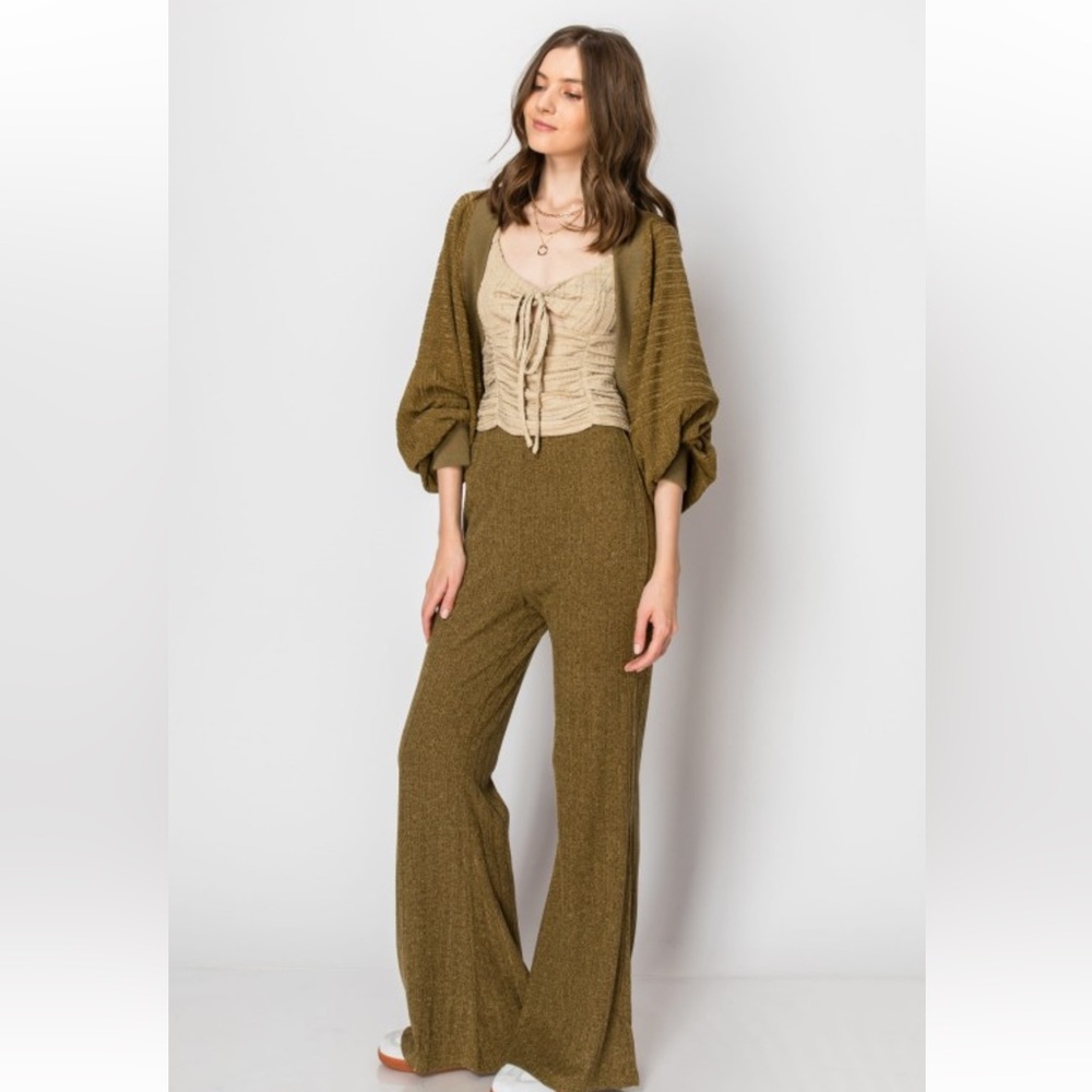 Olive Knit Wide-Leg Set with Cropped Cardigan